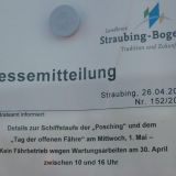 Herzliche Einladung vom Landratsamt Straubing-Bogen zur Schiffstaufe der "Posching" und zum "Tag der offenen FÃ¤hre" fÃ¼r Mittwoch, 1. Mai 2019.
