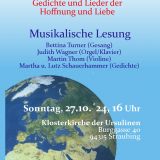 Plakatentwurf zur musikalischen Lesung "Weltversöhnung" in der Ursulinenkirche Straubing.